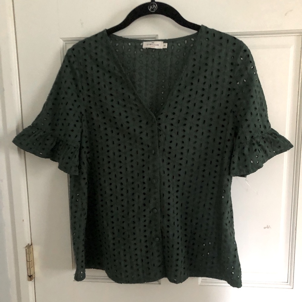 Cyrillus Paris Green Eyelet Lace Blouse with Ruffle Sleeves XS